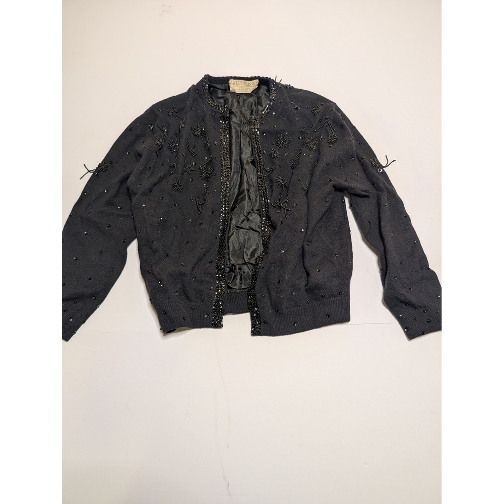 Vintage Pacific Classics Black Beaded Cardigan Lambswool Angora Sweater‎ Size 36